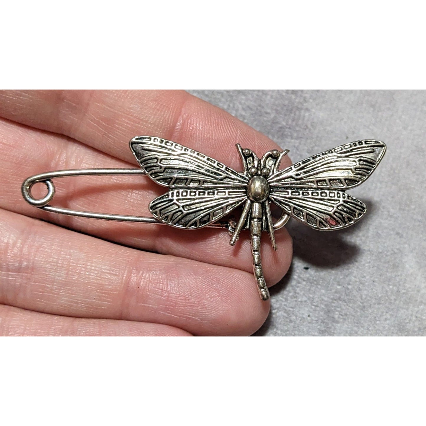 Silver Tone Dragonfly  Safety Pin Brooch