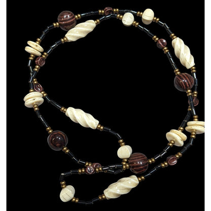 Vintage Chunky Brown Cream And Black Beaded Necklace