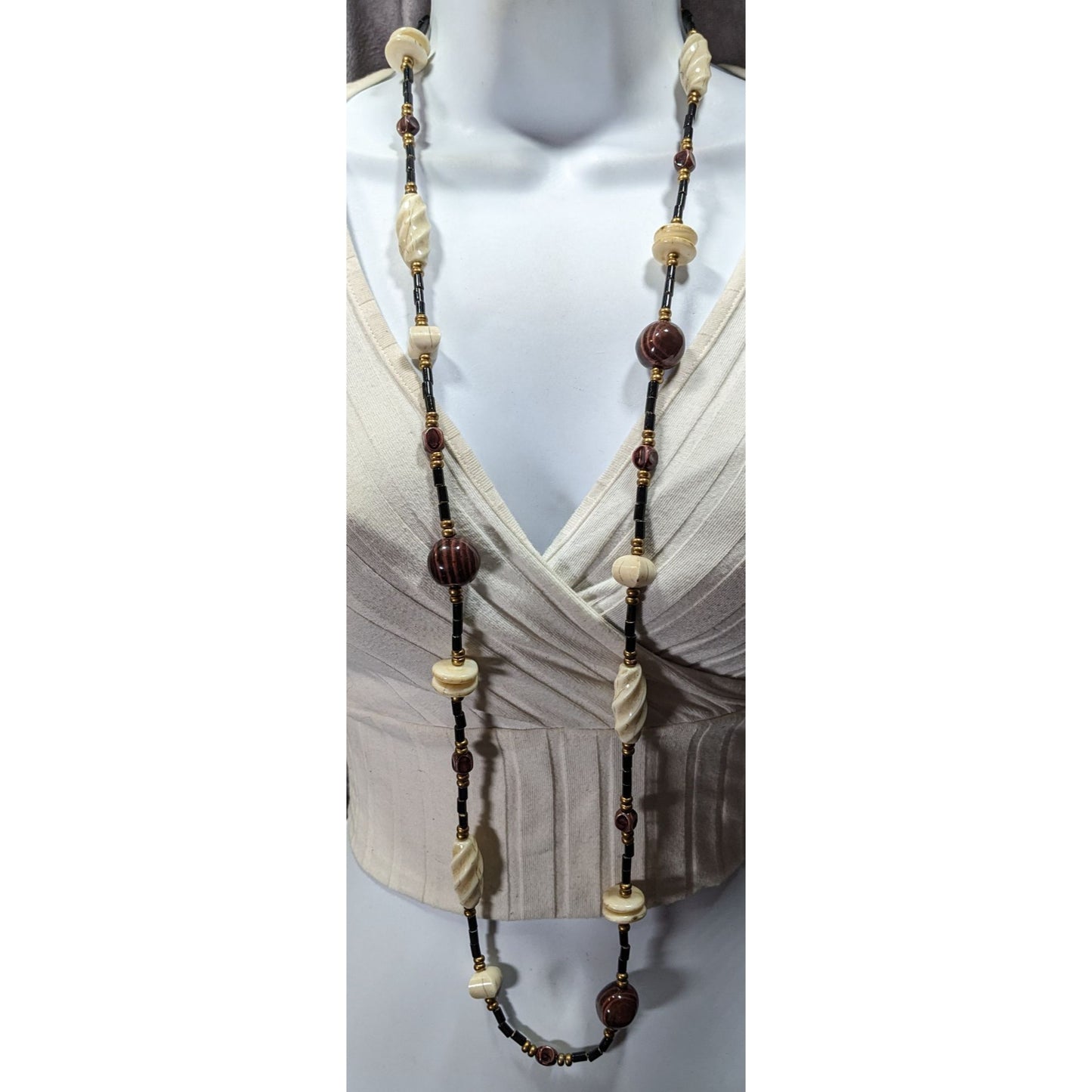 Vintage Chunky Brown Cream And Black Beaded Necklace