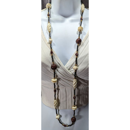 Vintage Chunky Brown Cream And Black Beaded Necklace