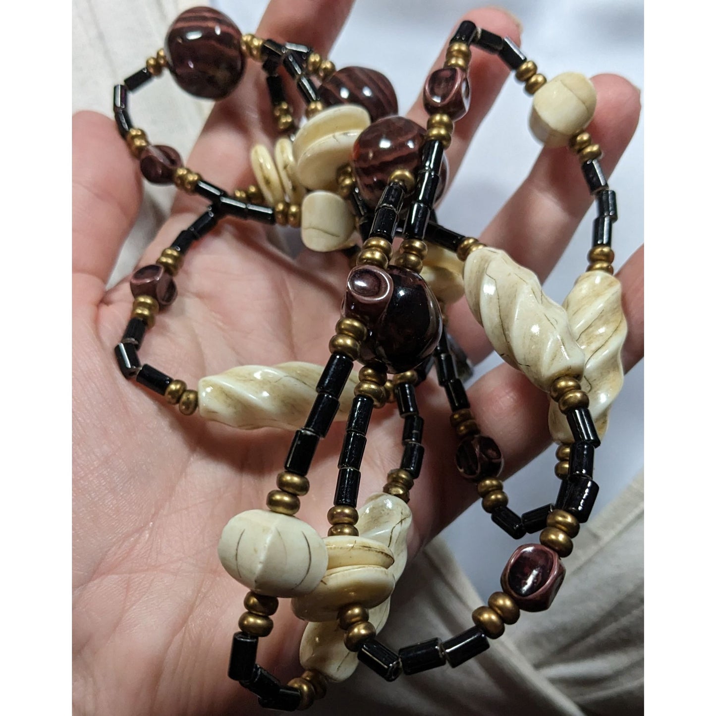 Vintage Chunky Brown Cream And Black Beaded Necklace