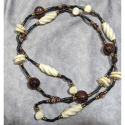 Vintage Chunky Brown Cream And Black Beaded Necklace