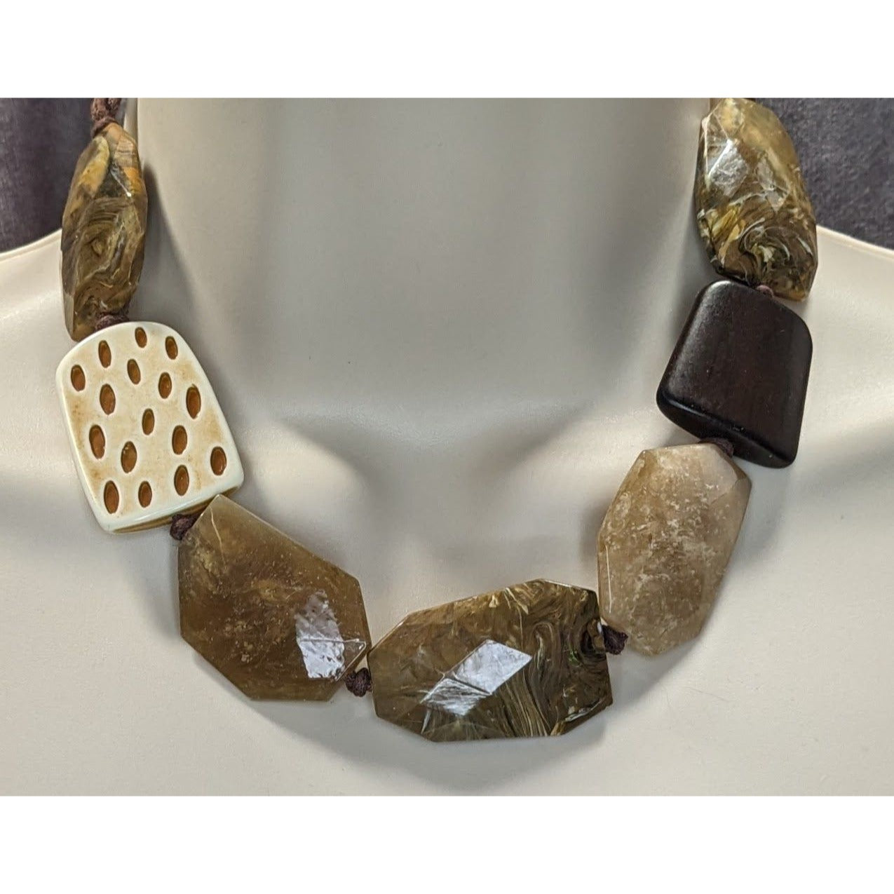 Chunky Bohemian Statement Necklace With Brown And Cream Simulated Stones