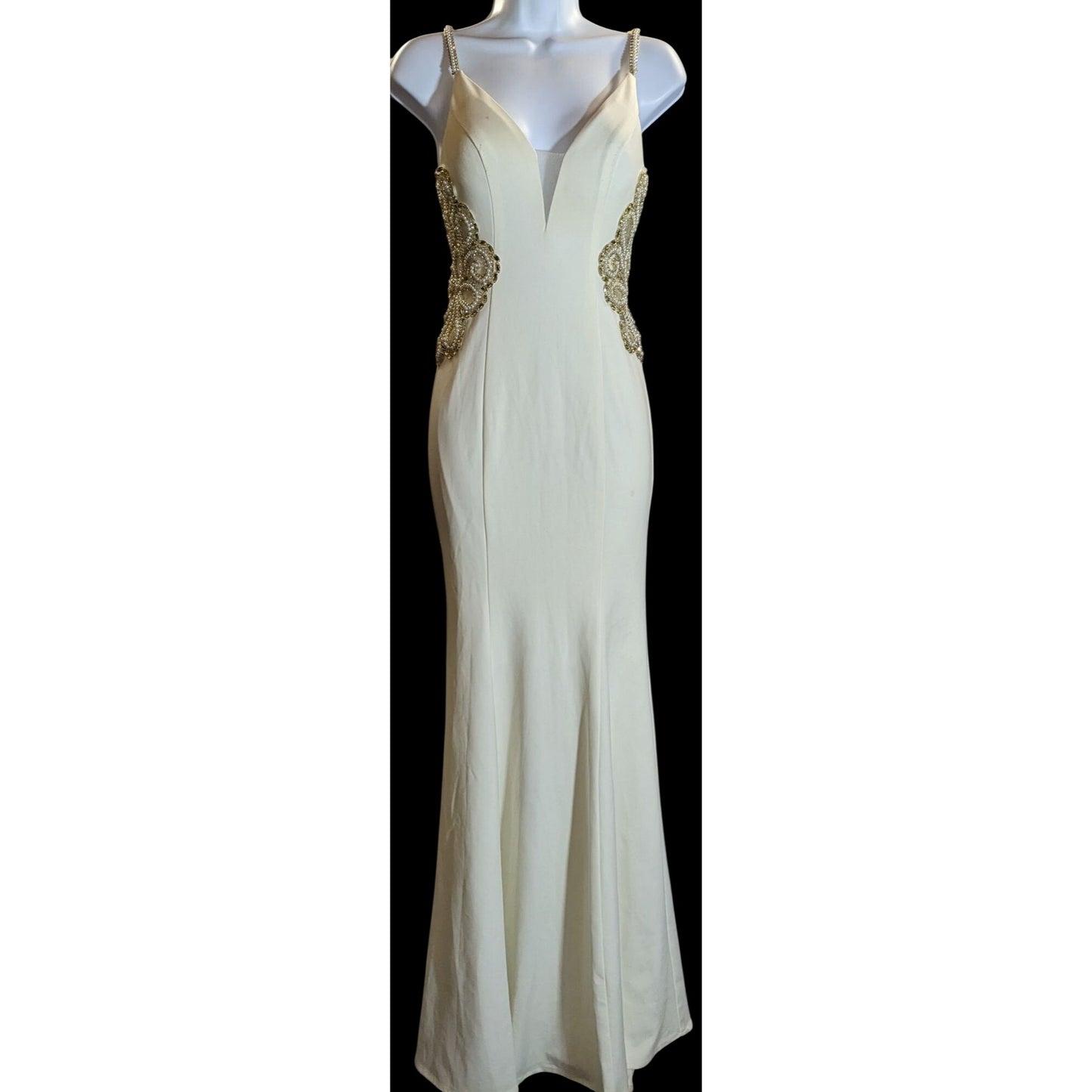 Cream Fishtail Gown With Gold Embellished Straps & Beaded Cutout Waistline - XS