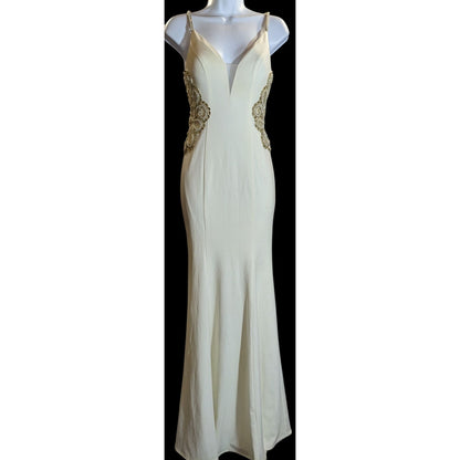 Cream Fishtail Gown With Gold Embellished Straps & Beaded Cutout Waistline - XS