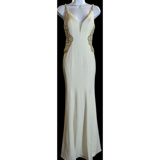 Cream Fishtail Gown With Gold Embellished Straps & Beaded Cutout Waistline - XS
