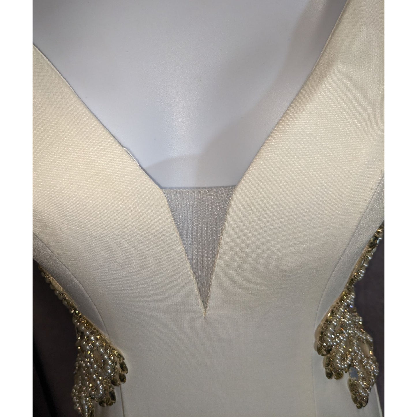 Cream Fishtail Gown With Gold Embellished Straps & Beaded Cutout Waistline - XS