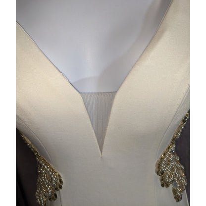 Cream Fishtail Gown With Gold Embellished Straps & Beaded Cutout Waistline - XS
