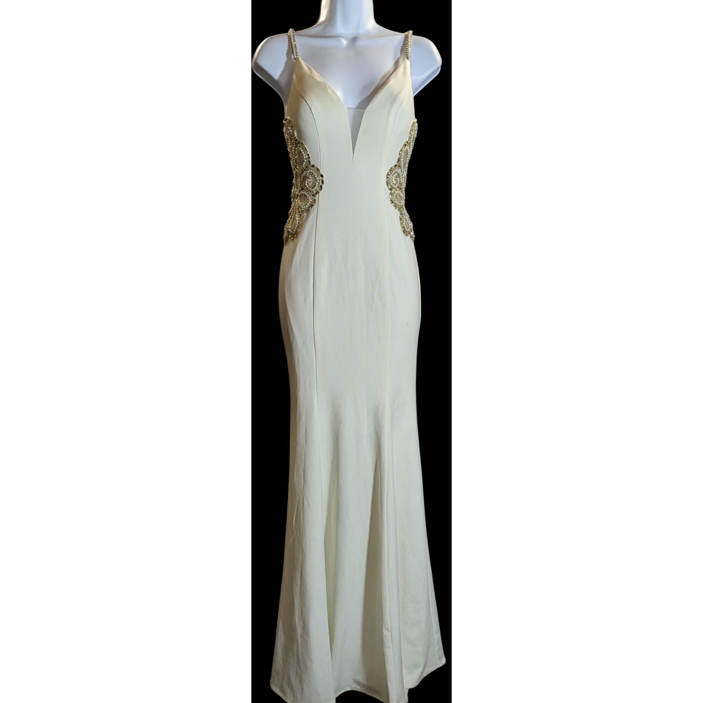 Cream Fishtail Gown With Gold Embellished Straps & Beaded Cutout Waistline - XS