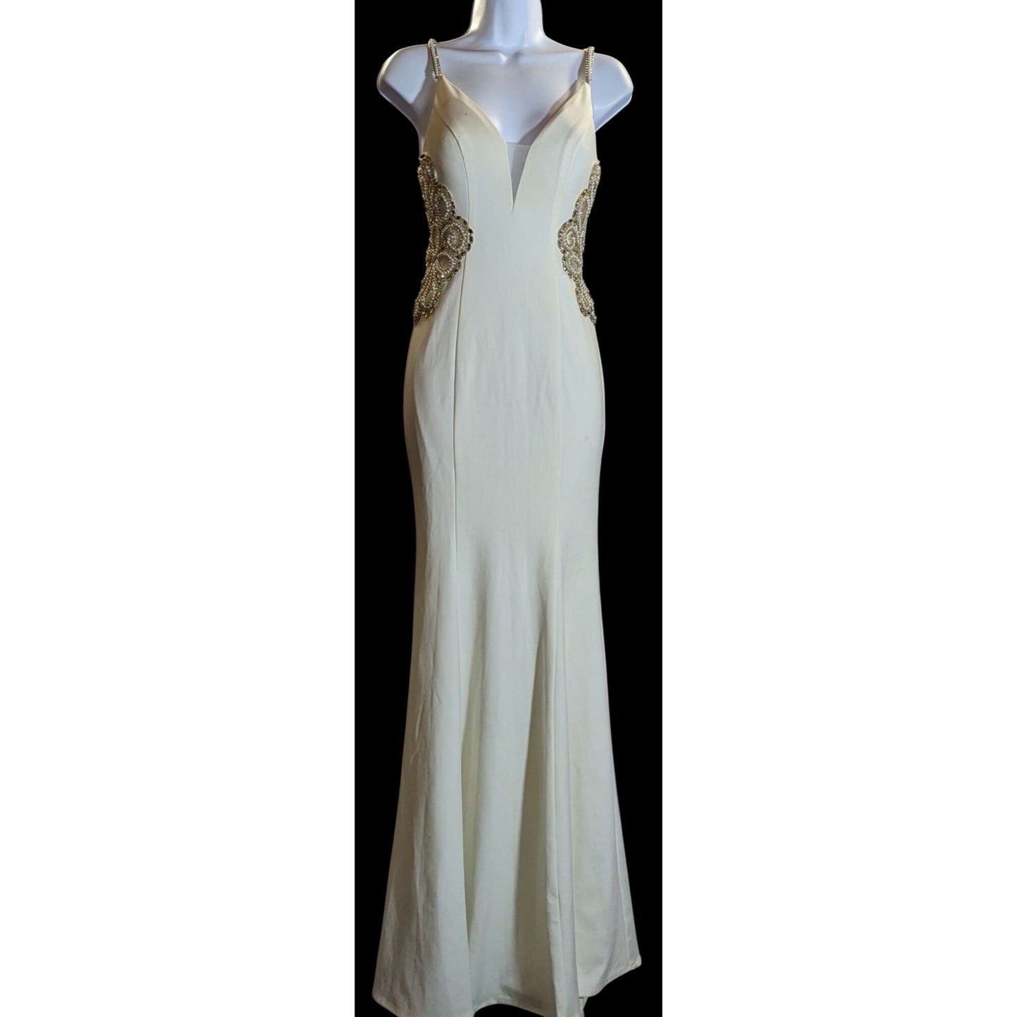Cream Fishtail Gown With Gold Embellished Straps & Beaded Cutout Waistline - XS
