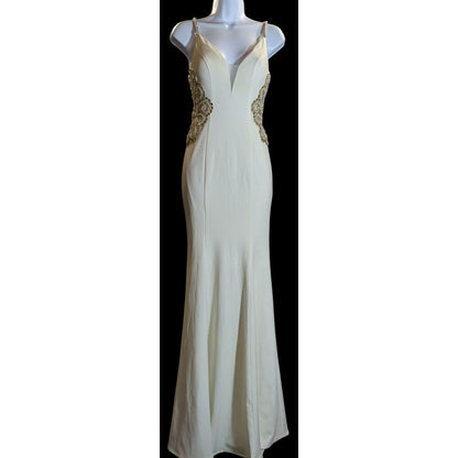 Cream Fishtail Gown With Gold Embellished Straps & Beaded Cutout Waistline - XS