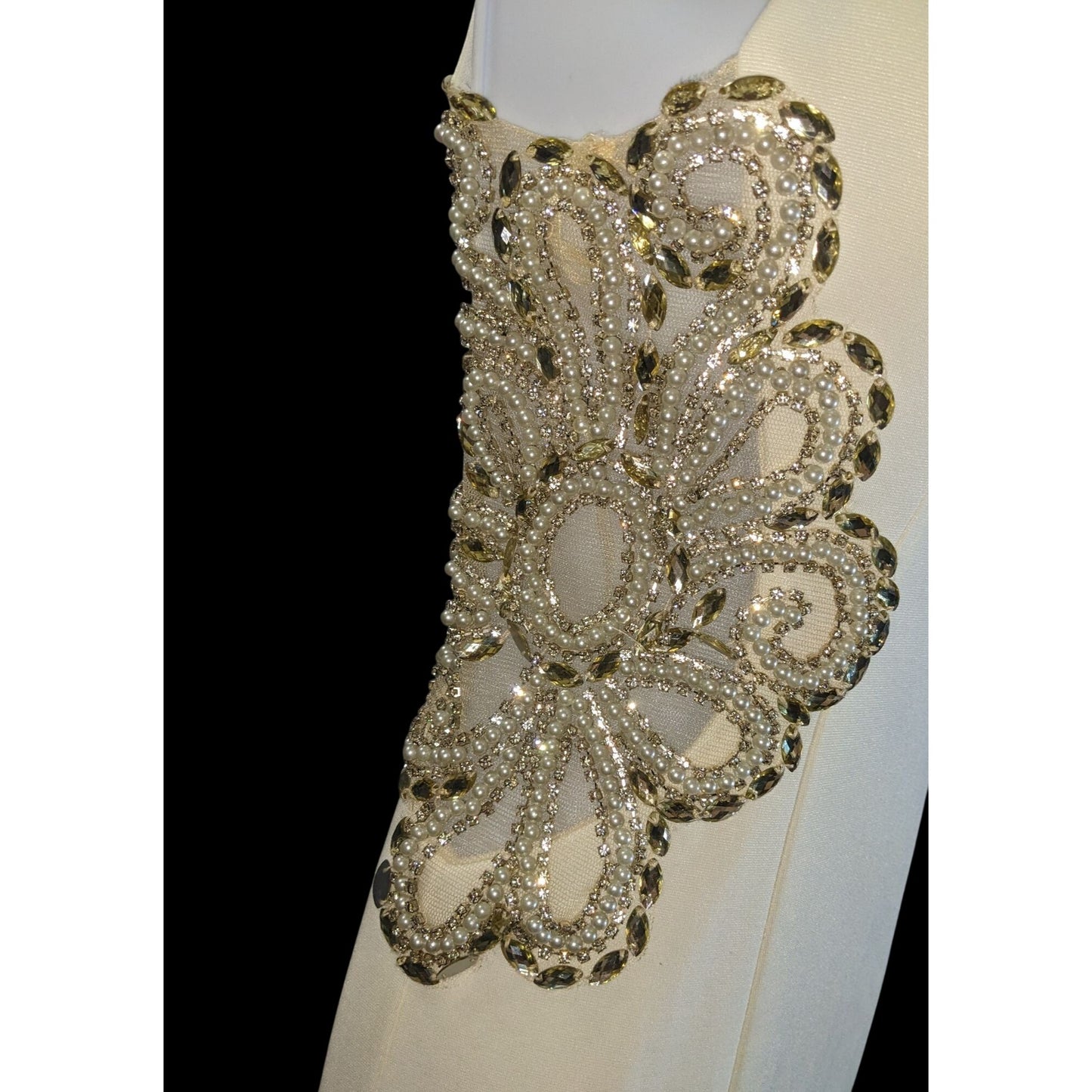 Cream Fishtail Gown With Gold Embellished Straps & Beaded Cutout Waistline - XS