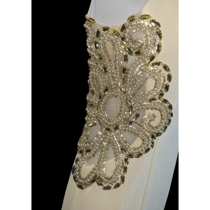 Cream Fishtail Gown With Gold Embellished Straps & Beaded Cutout Waistline - XS