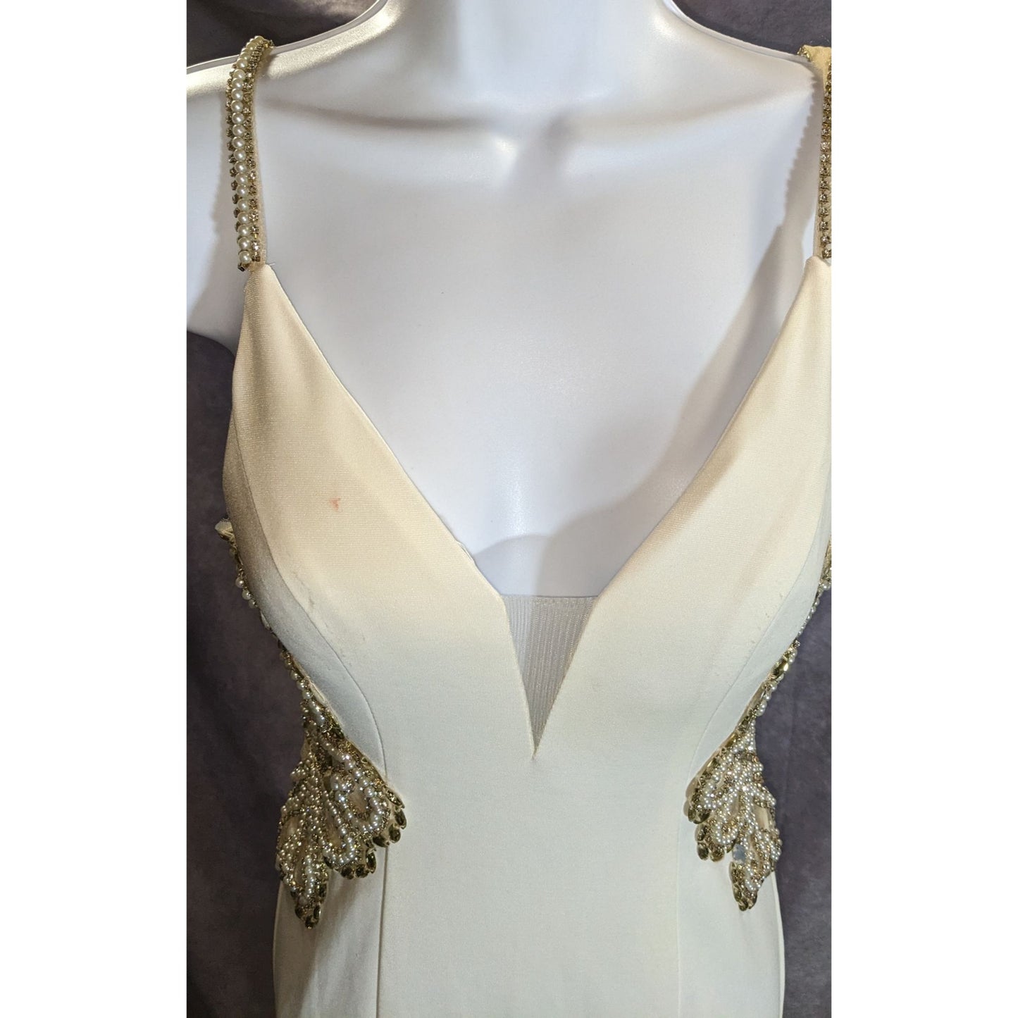 Cream Fishtail Gown With Gold Embellished Straps & Beaded Cutout Waistline - XS