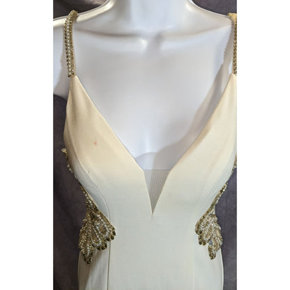 Cream Fishtail Gown With Gold Embellished Straps & Beaded Cutout Waistline - XS