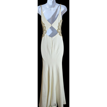 Cream Fishtail Gown With Gold Embellished Straps & Beaded Cutout Waistline - XS