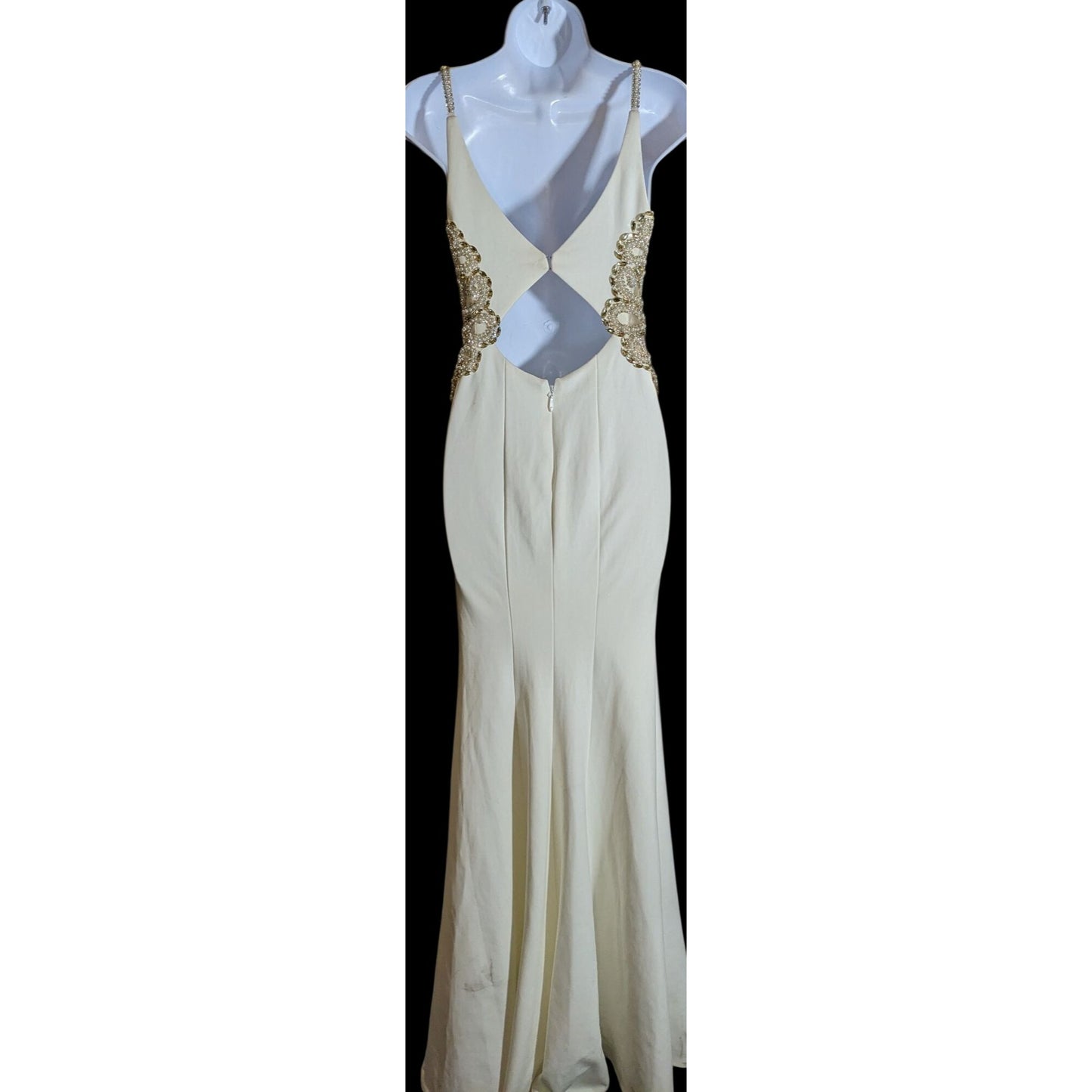 Cream Fishtail Gown With Gold Embellished Straps & Beaded Cutout Waistline - XS