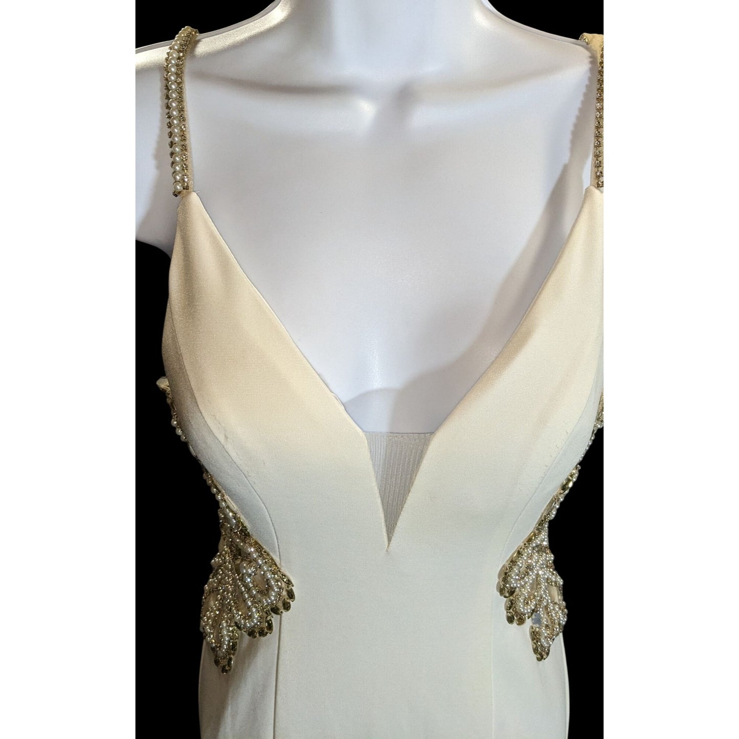 Cream Fishtail Gown With Gold Embellished Straps & Beaded Cutout Waistline - XS