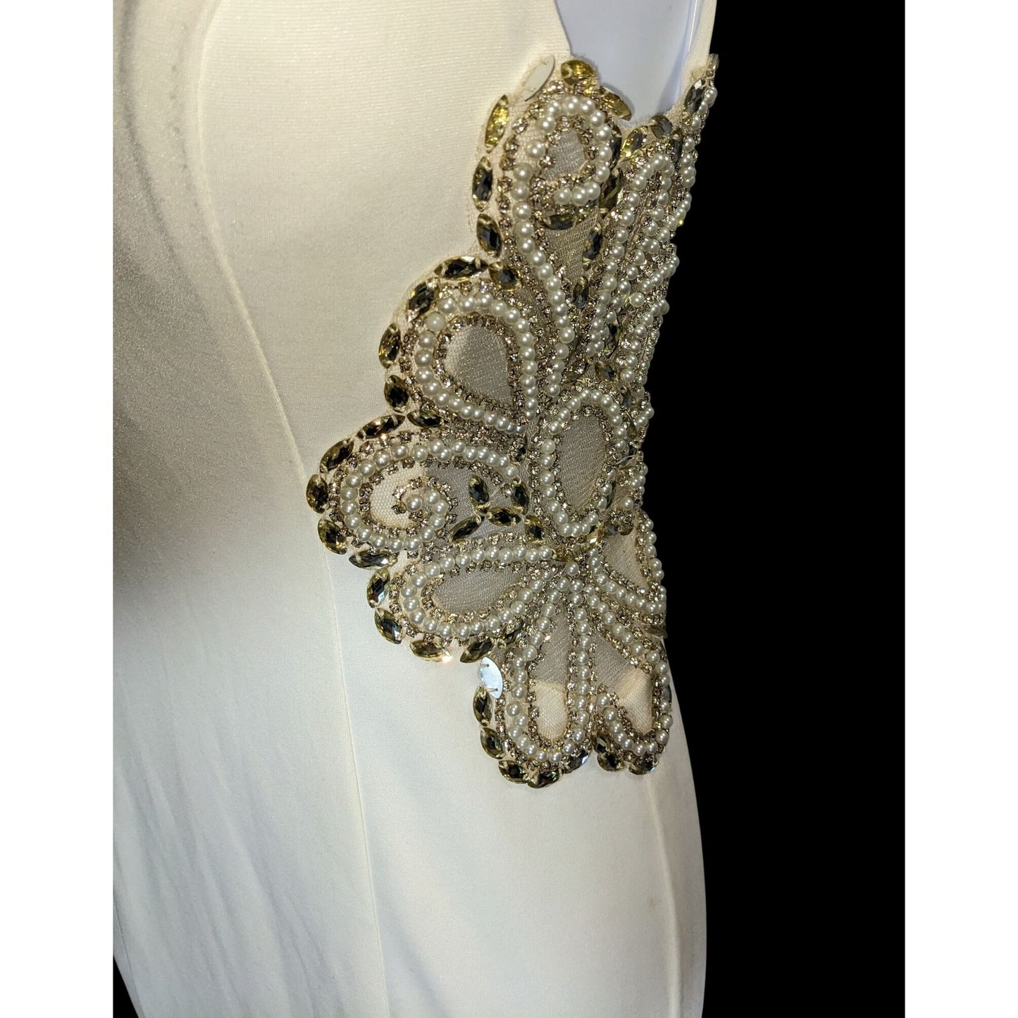 Cream Fishtail Gown With Gold Embellished Straps & Beaded Cutout Waistline - XS