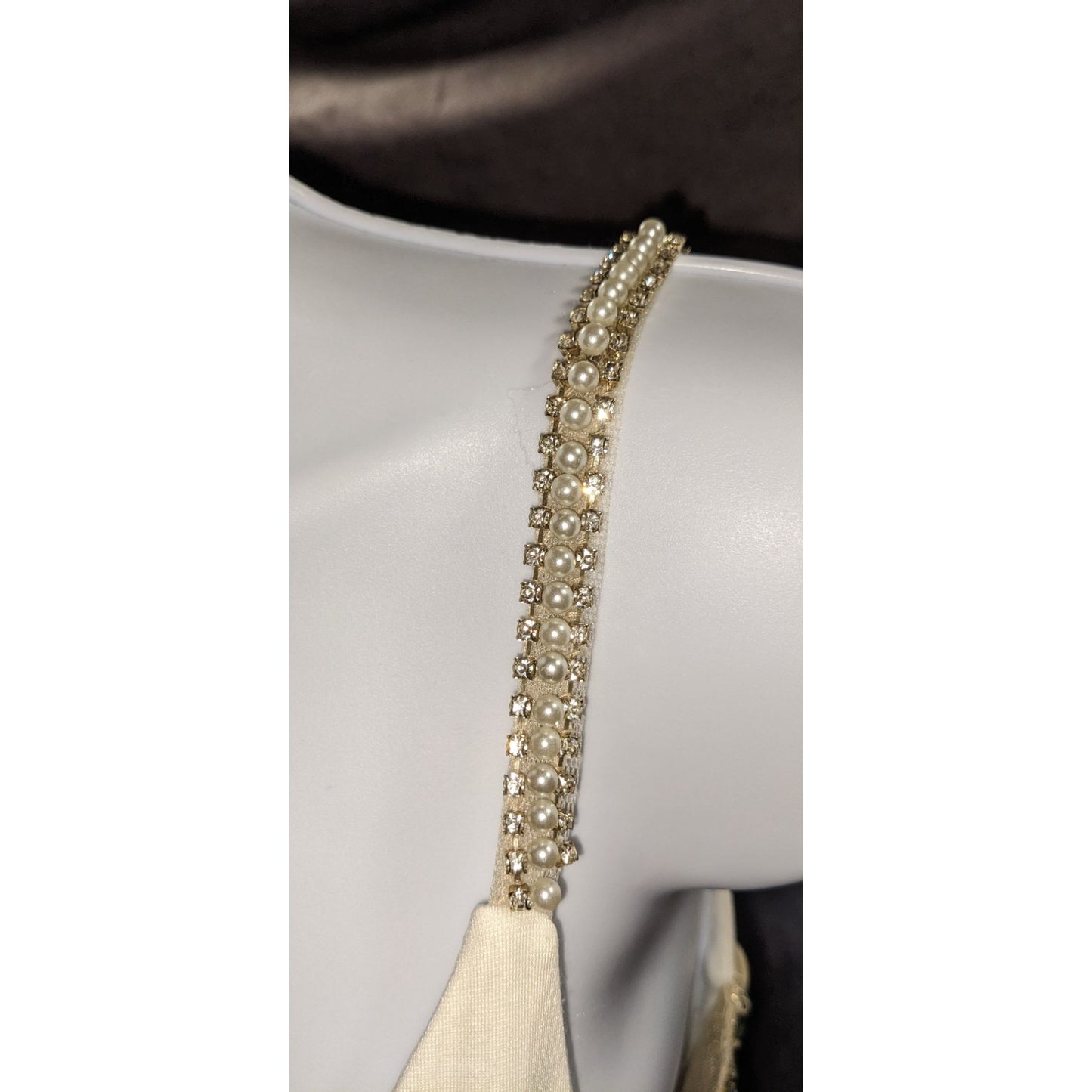 Cream Fishtail Gown With Gold Embellished Straps & Beaded Cutout Waistline - XS