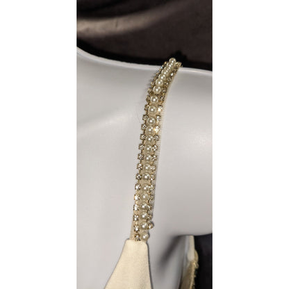 Cream Fishtail Gown With Gold Embellished Straps & Beaded Cutout Waistline - XS