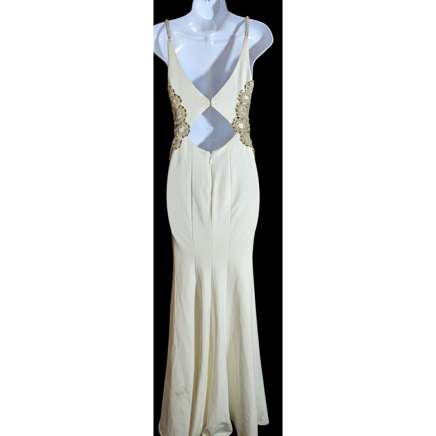 Cream Fishtail Gown With Gold Embellished Straps & Beaded Cutout Waistline - XS