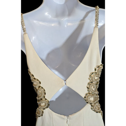 Cream Fishtail Gown With Gold Embellished Straps & Beaded Cutout Waistline - XS