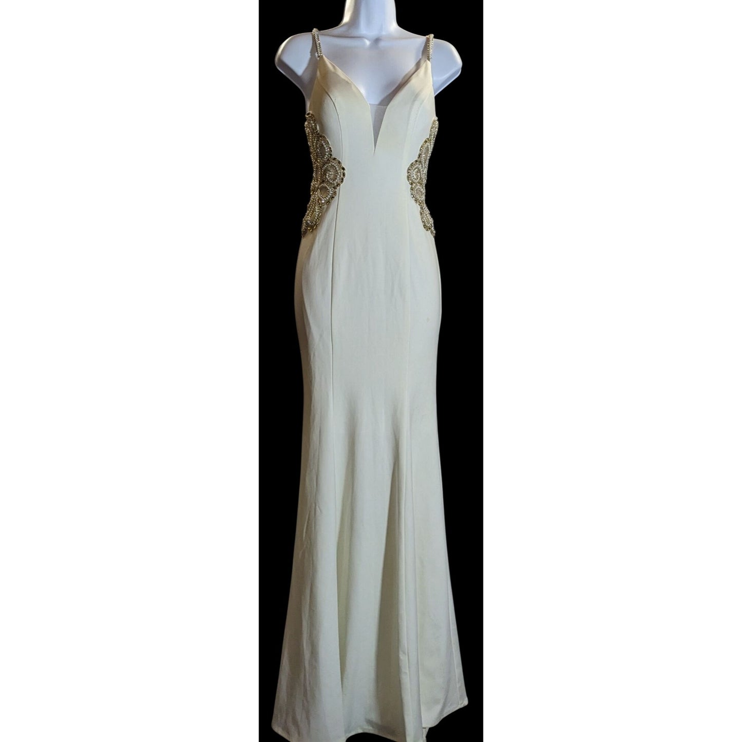 Cream Fishtail Gown With Gold Embellished Straps & Beaded Cutout Waistline - XS