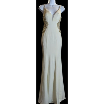 Cream Fishtail Gown With Gold Embellished Straps & Beaded Cutout Waistline - XS