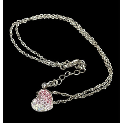 Coquette Heart Pendant Necklace With Pink And White Rhinestones