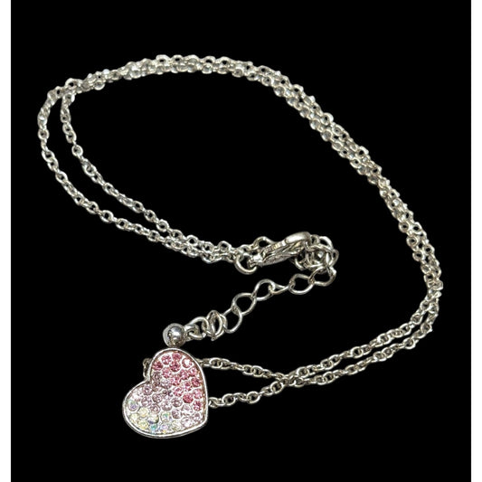 Coquette Heart Pendant Necklace With Pink And White Rhinestones