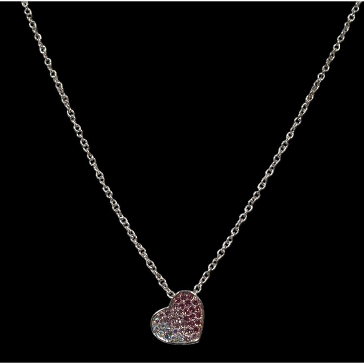 Coquette Heart Pendant Necklace With Pink And White Rhinestones