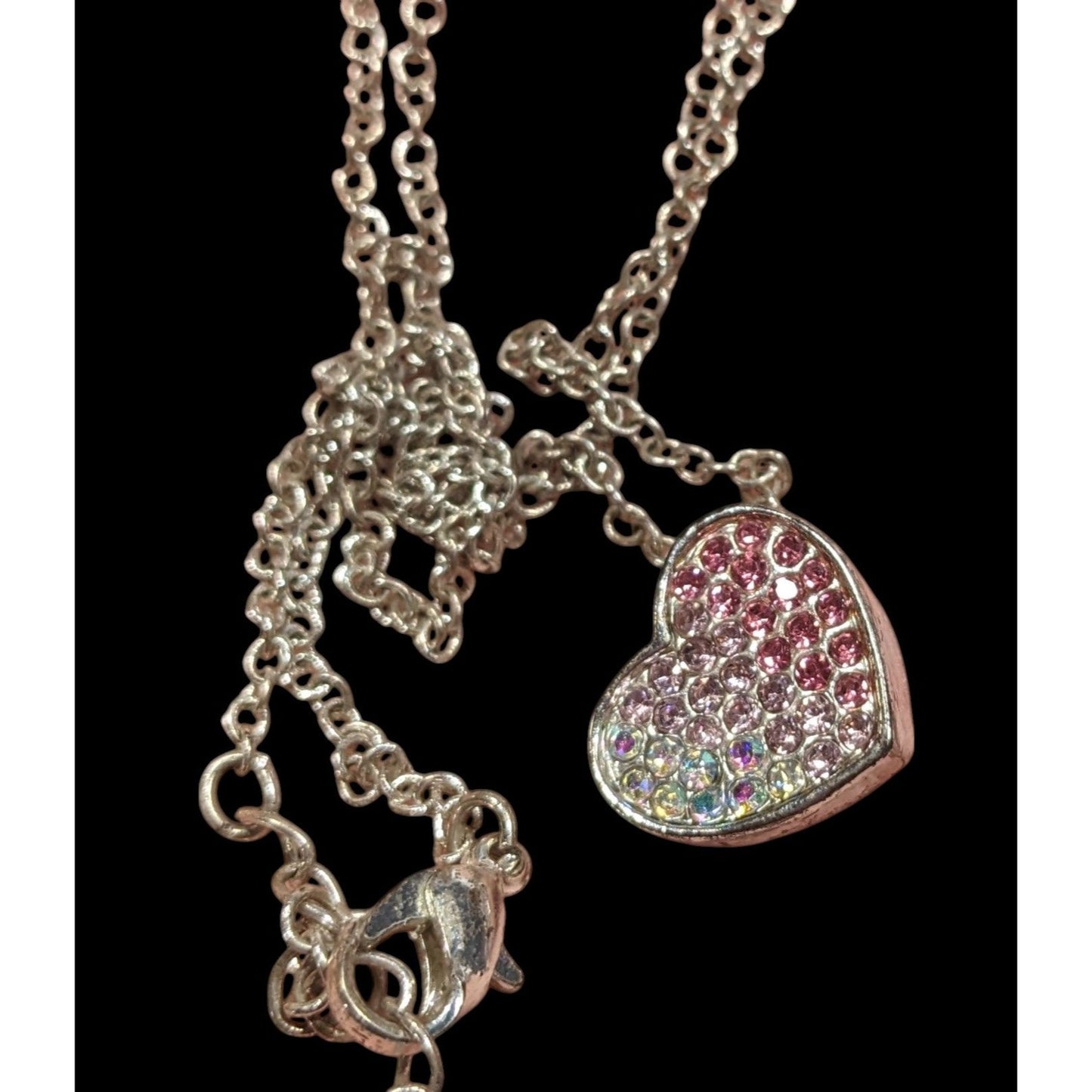 Coquette Heart Pendant Necklace With Pink And White Rhinestones