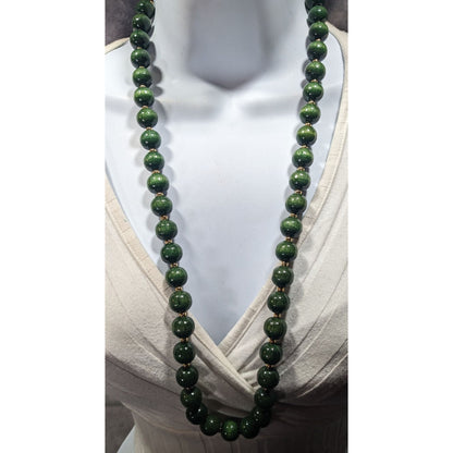 Vintage Elegant Green And Gold Tone Wood Beaded Necklace