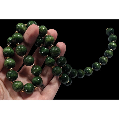 Vintage Elegant Green And Gold Tone Wood Beaded Necklace