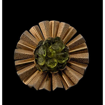 Vintage Retro Sunburst Gold-Tone Brooch With Green Glass Center