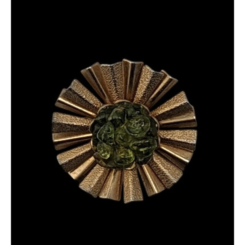 Vintage Retro Sunburst Gold-Tone Brooch With Green Glass Center