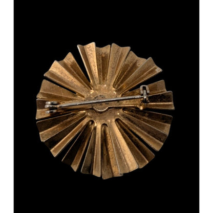 Vintage Retro Sunburst Gold-Tone Brooch With Green Glass Center