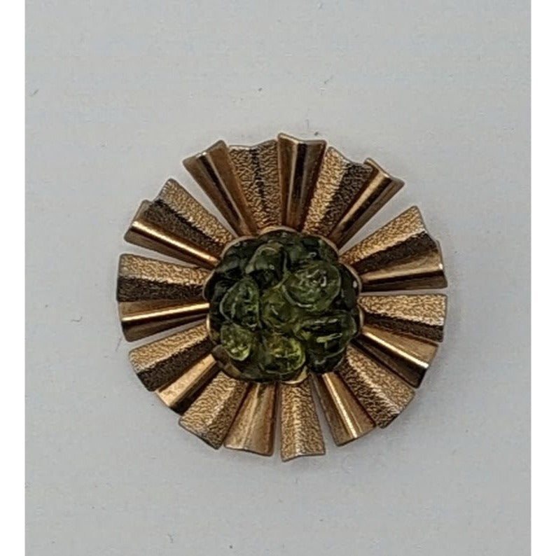 Vintage Retro Sunburst Gold-Tone Brooch With Green Glass Center