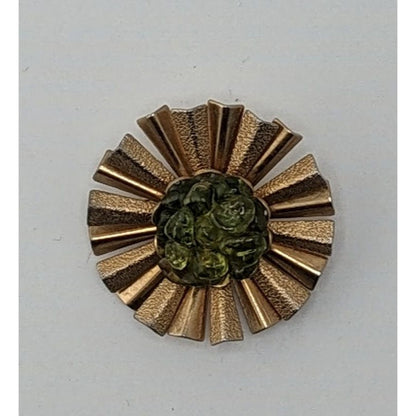 Vintage Retro Sunburst Gold-Tone Brooch With Green Glass Center