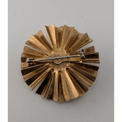 Vintage Retro Sunburst Gold-Tone Brooch With Green Glass Center
