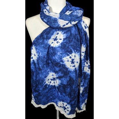 Bohemian Floral Blue And White Tie Dye Scarf With Lace Trim