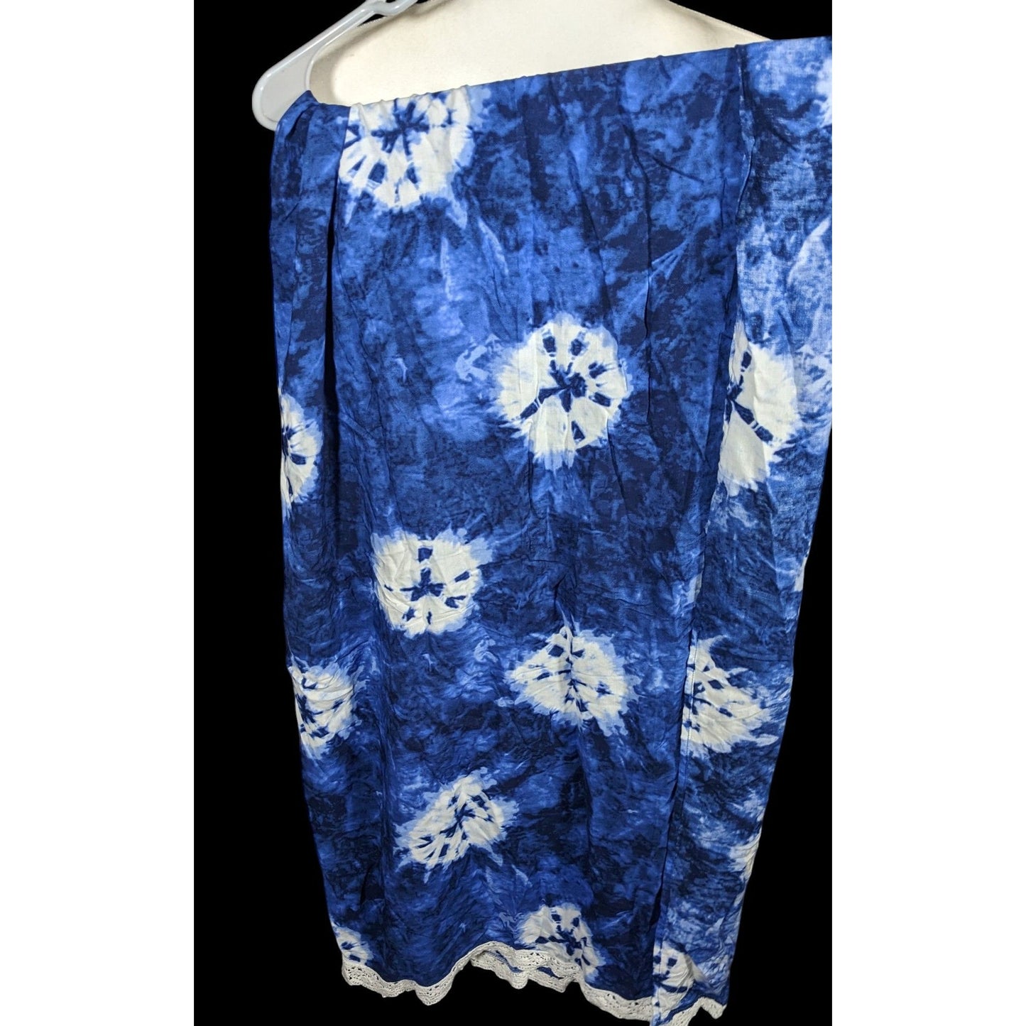 Bohemian Floral Blue And White Tie Dye Scarf With Lace Trim