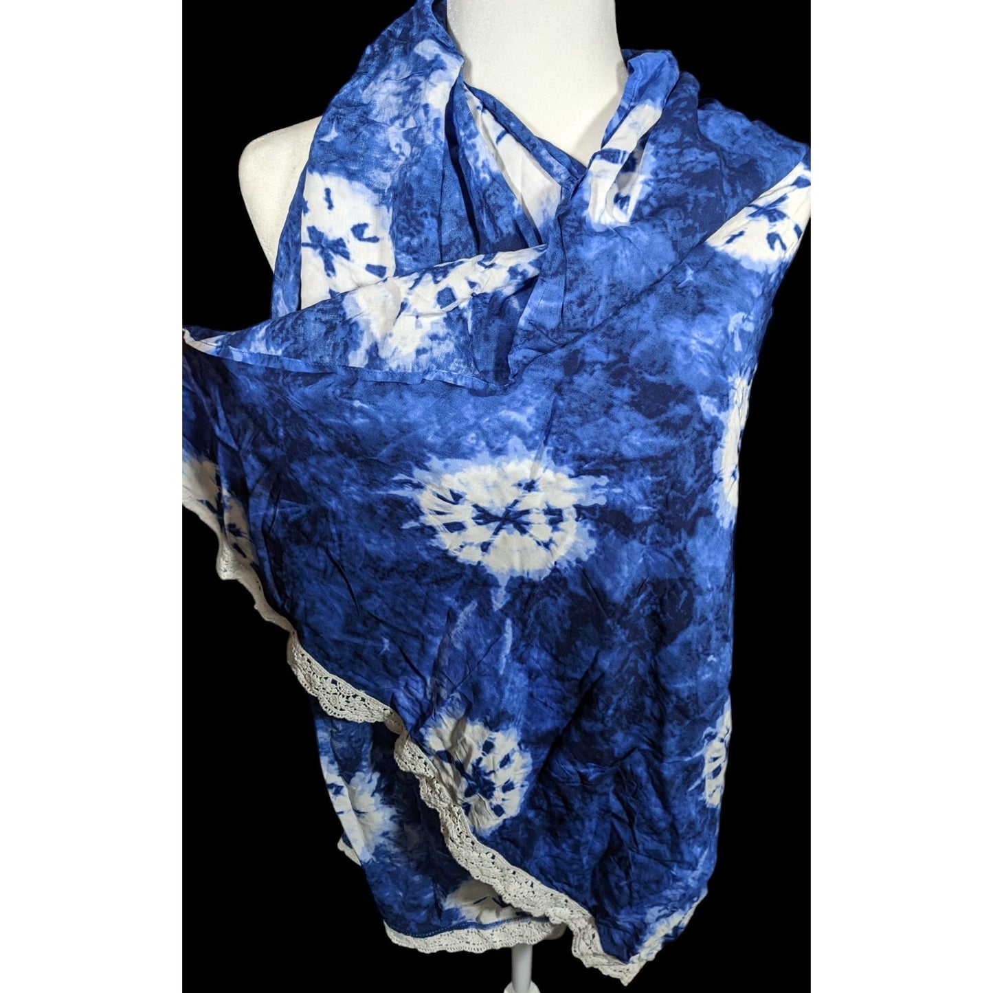 Bohemian Floral Blue And White Tie Dye Scarf With Lace Trim