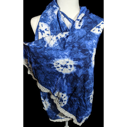 Bohemian Floral Blue And White Tie Dye Scarf With Lace Trim