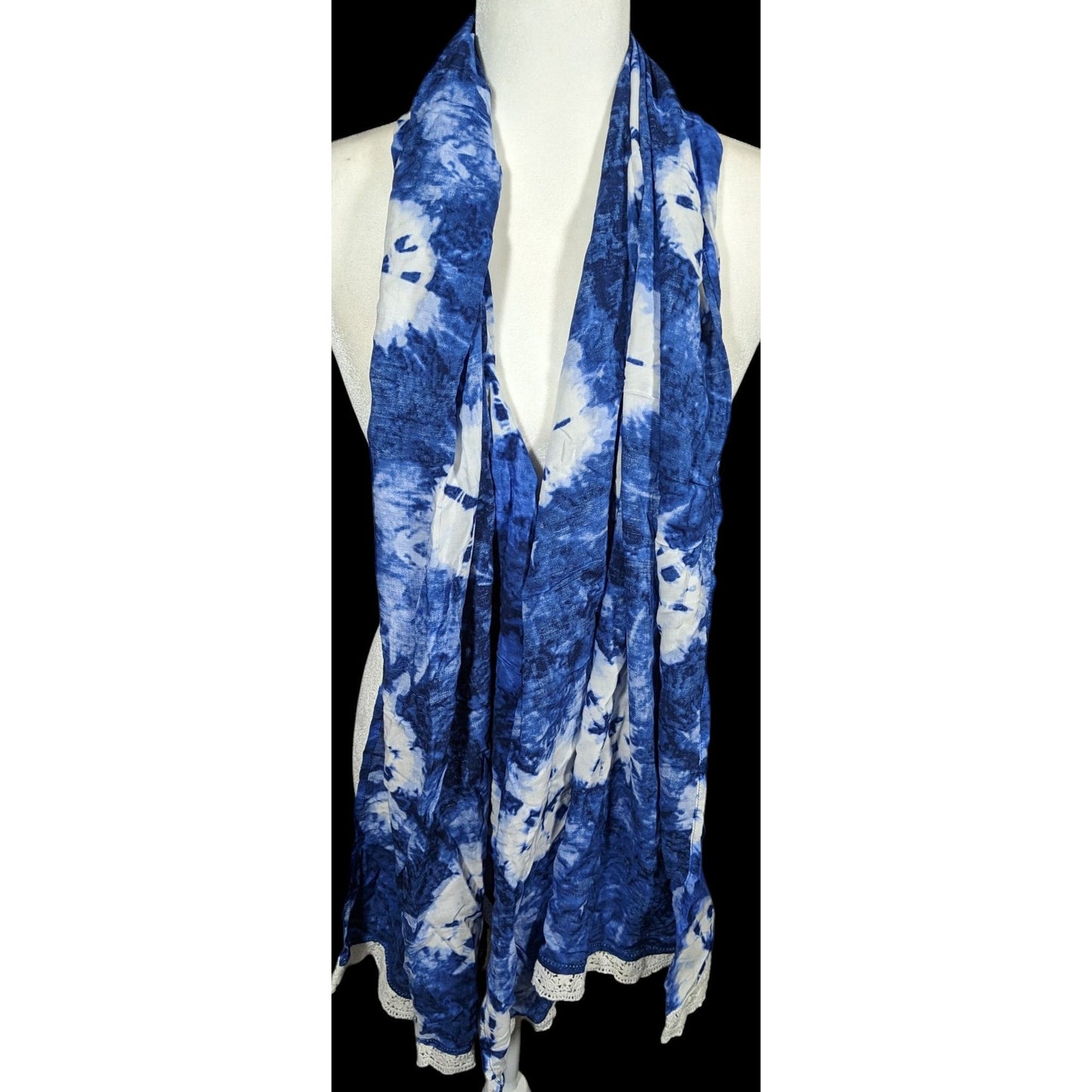 Bohemian Floral Blue And White Tie Dye Scarf With Lace Trim
