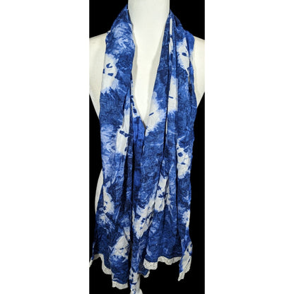 Bohemian Floral Blue And White Tie Dye Scarf With Lace Trim