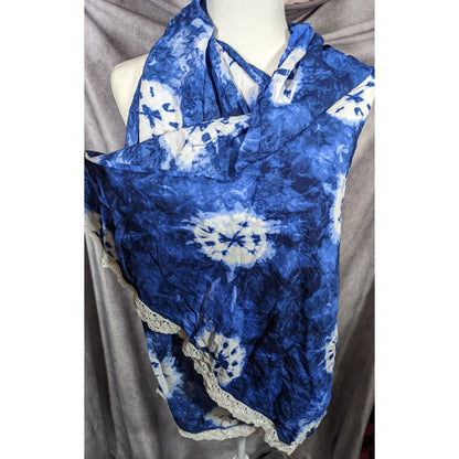 Bohemian Floral Blue And White Tie Dye Scarf With Lace Trim