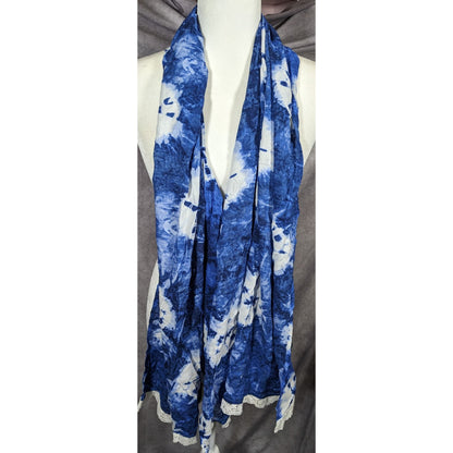 Bohemian Floral Blue And White Tie Dye Scarf With Lace Trim