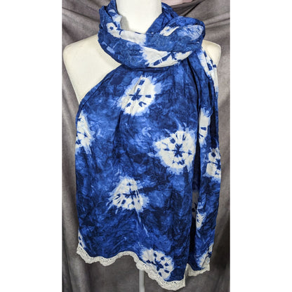 Bohemian Floral Blue And White Tie Dye Scarf With Lace Trim